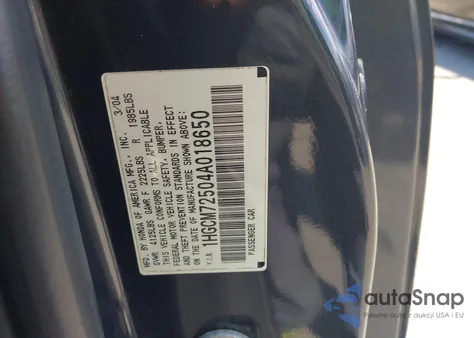 2004 Honda Accord 2.4 Ex из США, поврежденный, VIN 1HGCM72504A018650